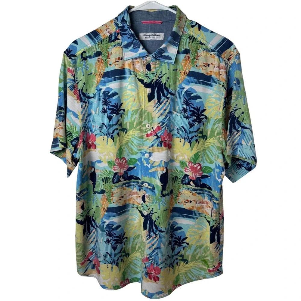 Tommy Bahama Button Up Shirt Mens M Blue Tropical Toucan‎ Veracruz Cay ST325923